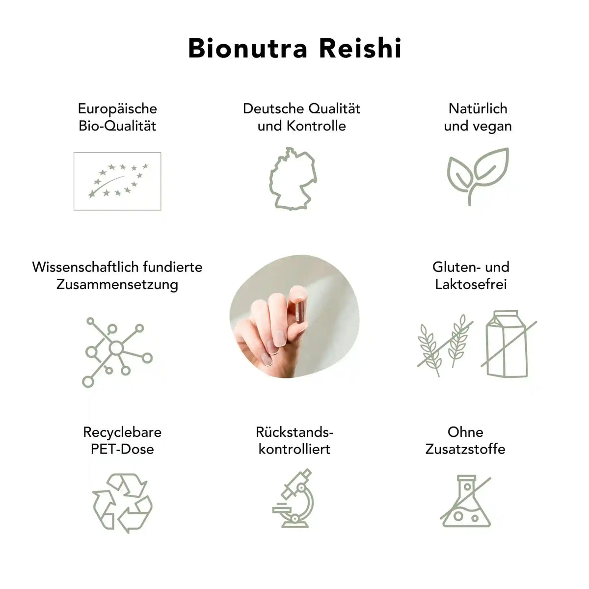 Bio Reishi Kapseln Qualitätsversprechen : europäische Bio-Qualität, deutsche Herstellung, vegan, wissenschaftlich fundiert, rückstandskontrolliert, ohne Zusatzstoffe, gluten- und laktosefrei, recyclebare PET-Dose