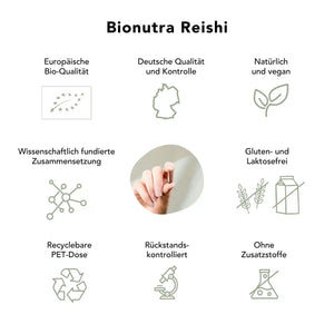 Bio Reishi Kapseln Qualitätsversprechen : europäische Bio-Qualität, deutsche Herstellung, vegan, wissenschaftlich fundiert, rückstandskontrolliert, ohne Zusatzstoffe, gluten- und laktosefrei, recyclebare PET-Dose