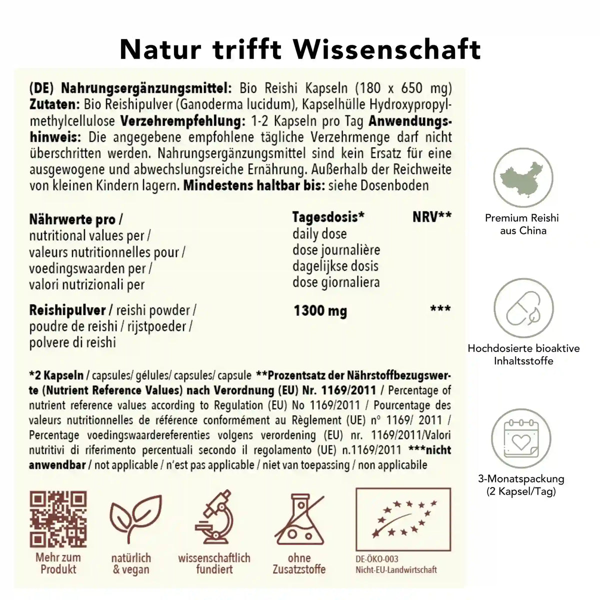 Produktinformation Bio Reishi Pilz Kapseln: Zutaten, Tagesdosis, Anwendungshinweise, Herkunft, ohne Zusatzstoffe, wissenschaftlich fundiert, vegan, 3-Monatspackung