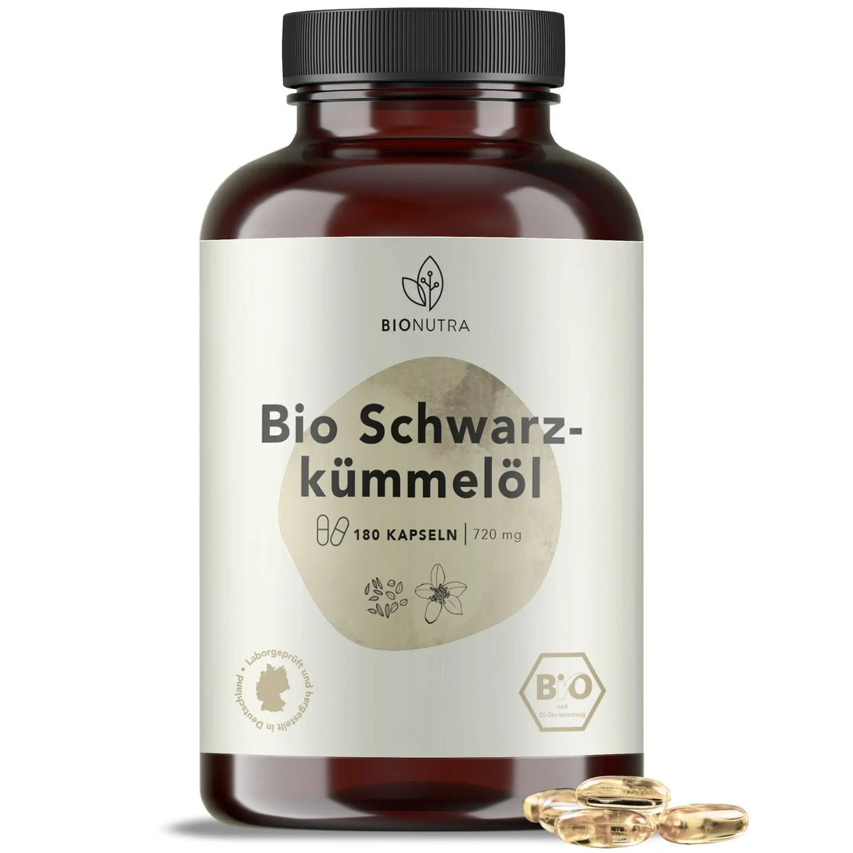 Bio Schwarzkümmelöl Kapseln–hochdosiert, 270 Stück in brauner PET-Dose, 720 mg pro Kapsel