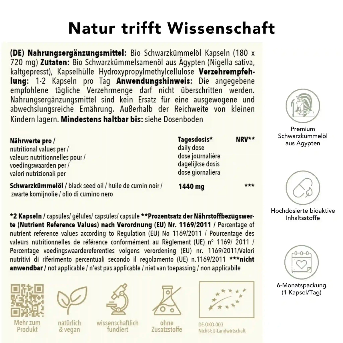 Produktinformation Bio Schwarzkümmelöl Kapseln: Zutaten, Tagesdosis 1440 mg, Anwendungshinweise, Herkunft Ägypten, ohne Zusatzstoffe, wissenschaftlich fundiert, vegan, 6-Monatspackung