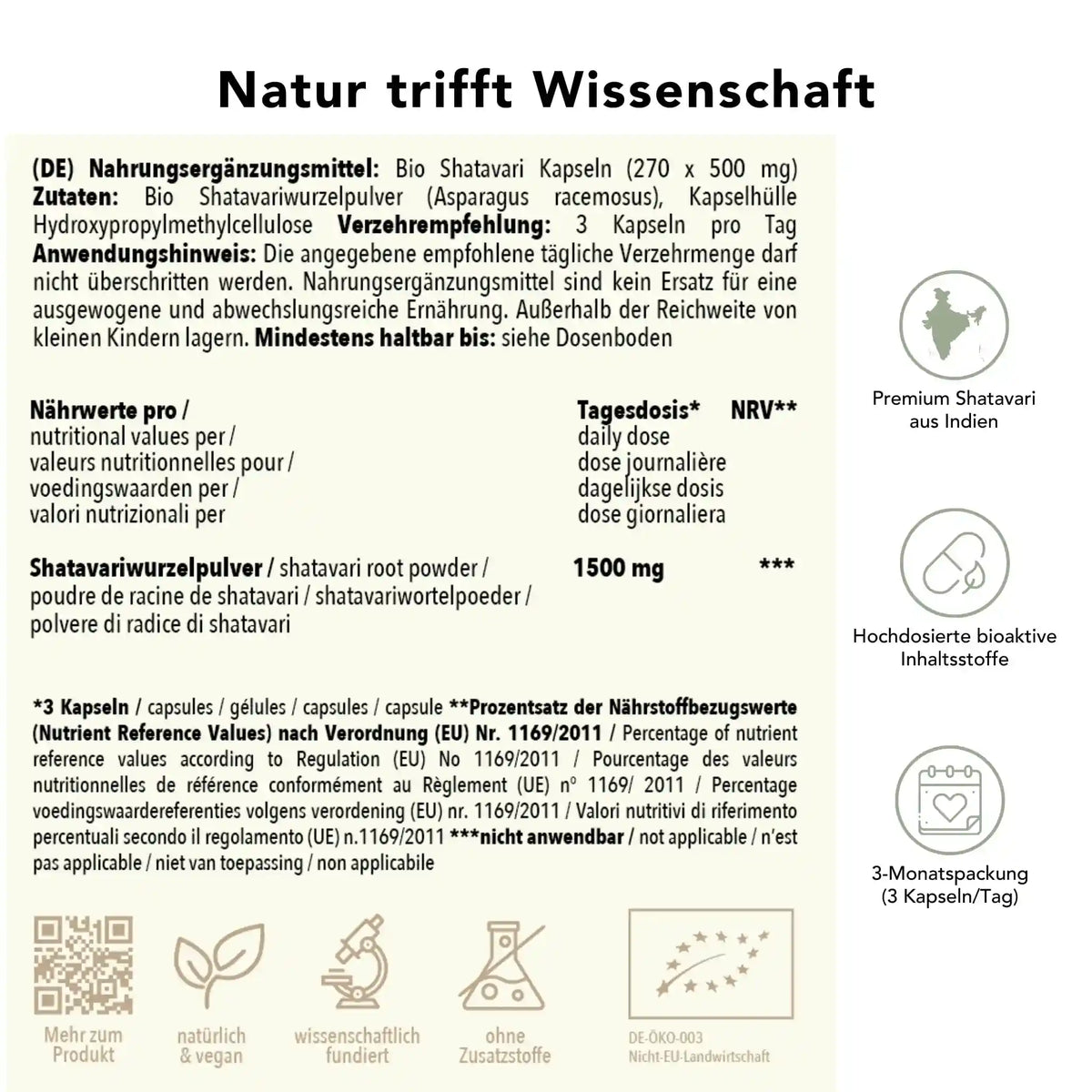 Produktinformation Bio Shatavari Kapseln: Zutaten, Tagesdosis 3000 mg, Anwendungshinweise, Herkunft Indien, ohne Zusatzstoffe, wissenschaftlich fundiert, vegan, 3-Monatspackung