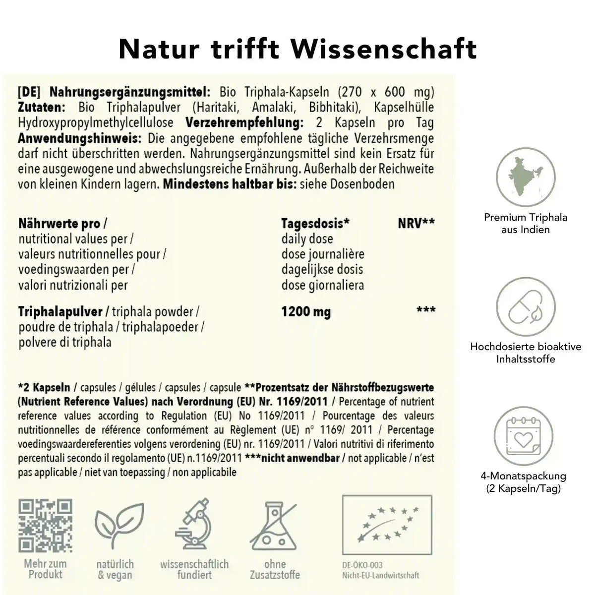 Produktinformation Bio Triphala_Kapseln: Zutaten, Tagesdosis 600 mg, Anwendungshinweise, Herkunft Indien, ohne Zusatzstoffe, wissenschaftlich fundiert, vegan, 4-Monatspackung