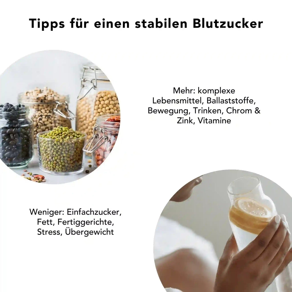 Tipps fuer stabilen Blutzucker: Mehr komplexe Kohlenhydrate, Ballaststoffe wie Flohsamenschalen, Bewegung, Wasser, Chrom, Zink und Vitamine – weniger Zucker, Fett und Fertiggerichte.