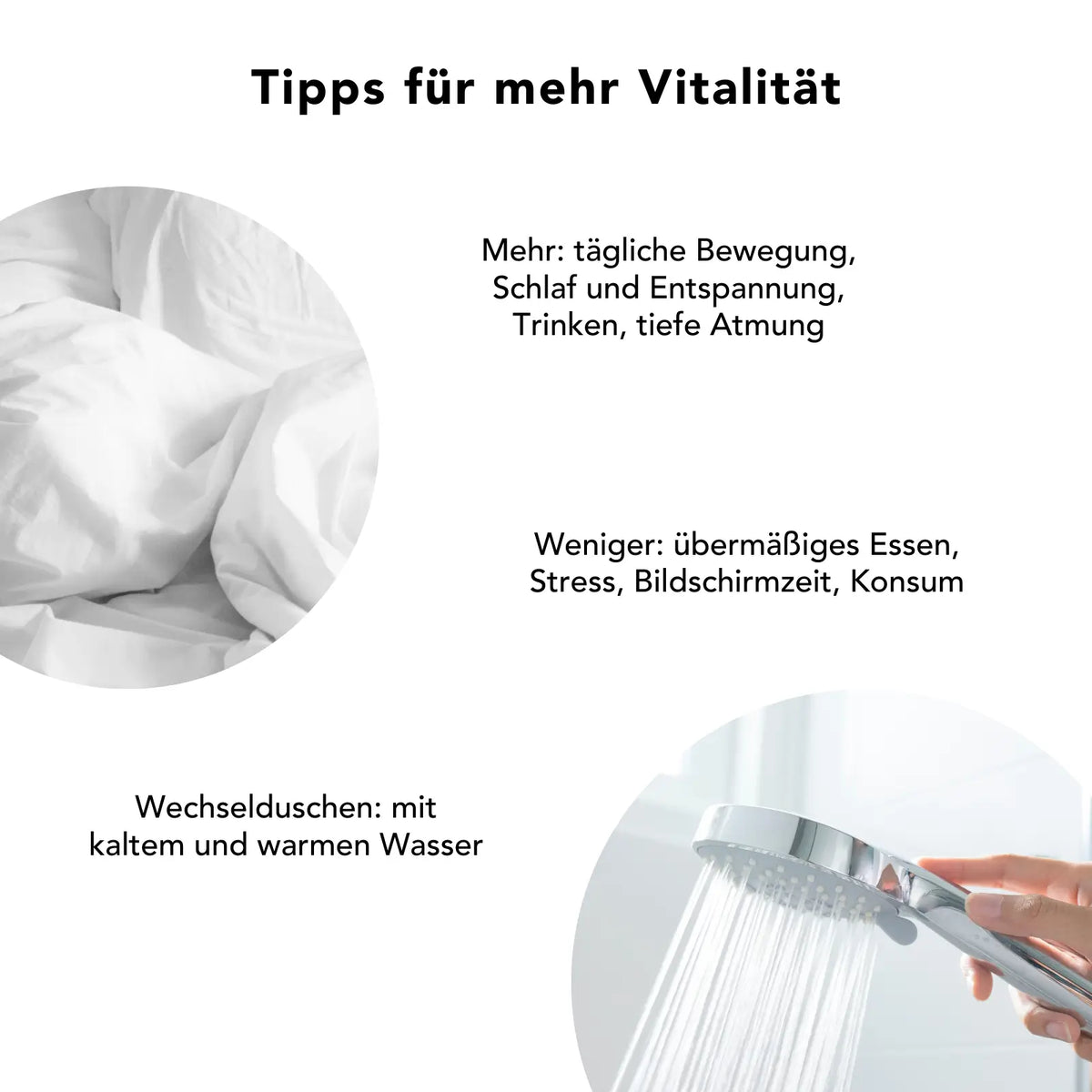 Vitalitäts-Tipps: tägliche Bewegung, tiefe Atmung, Wechselbäder und Schlaf unterstützen Energie & Wohlbefinden – ideal ergänzt durch Chlorella-Spirulina-Presslinge als natürliche Quelle für Chlorophyll, Eisen und Eiweiß