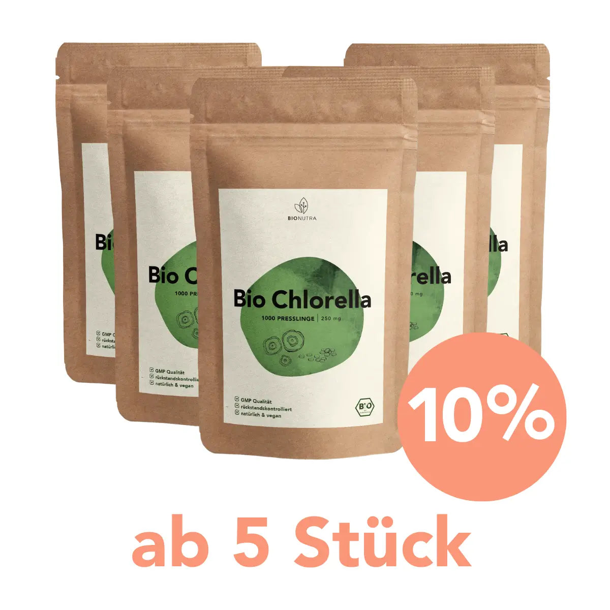 Sparangebot Chlorella Presslinge – 5er-Pack mit 10 % Rabatt ab 5 Stück, je 250 g Beutel