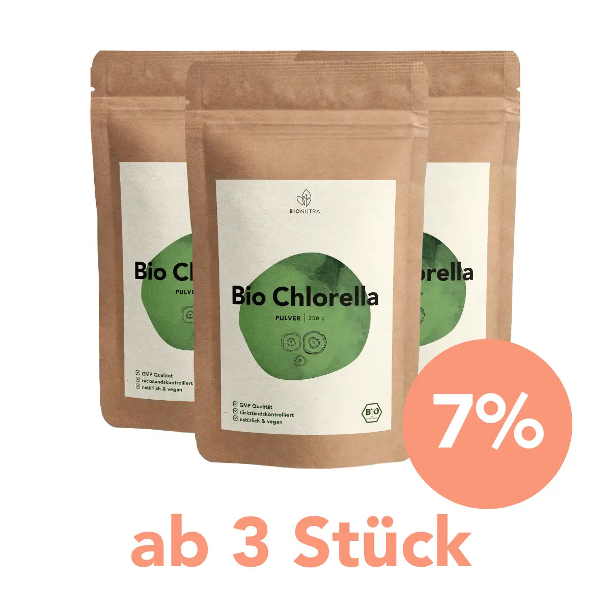 Sparangebot Chlorella Pulver – 3er-Pack mit 7 % Rabatt ab 3 Stück, je 250 g Beutel