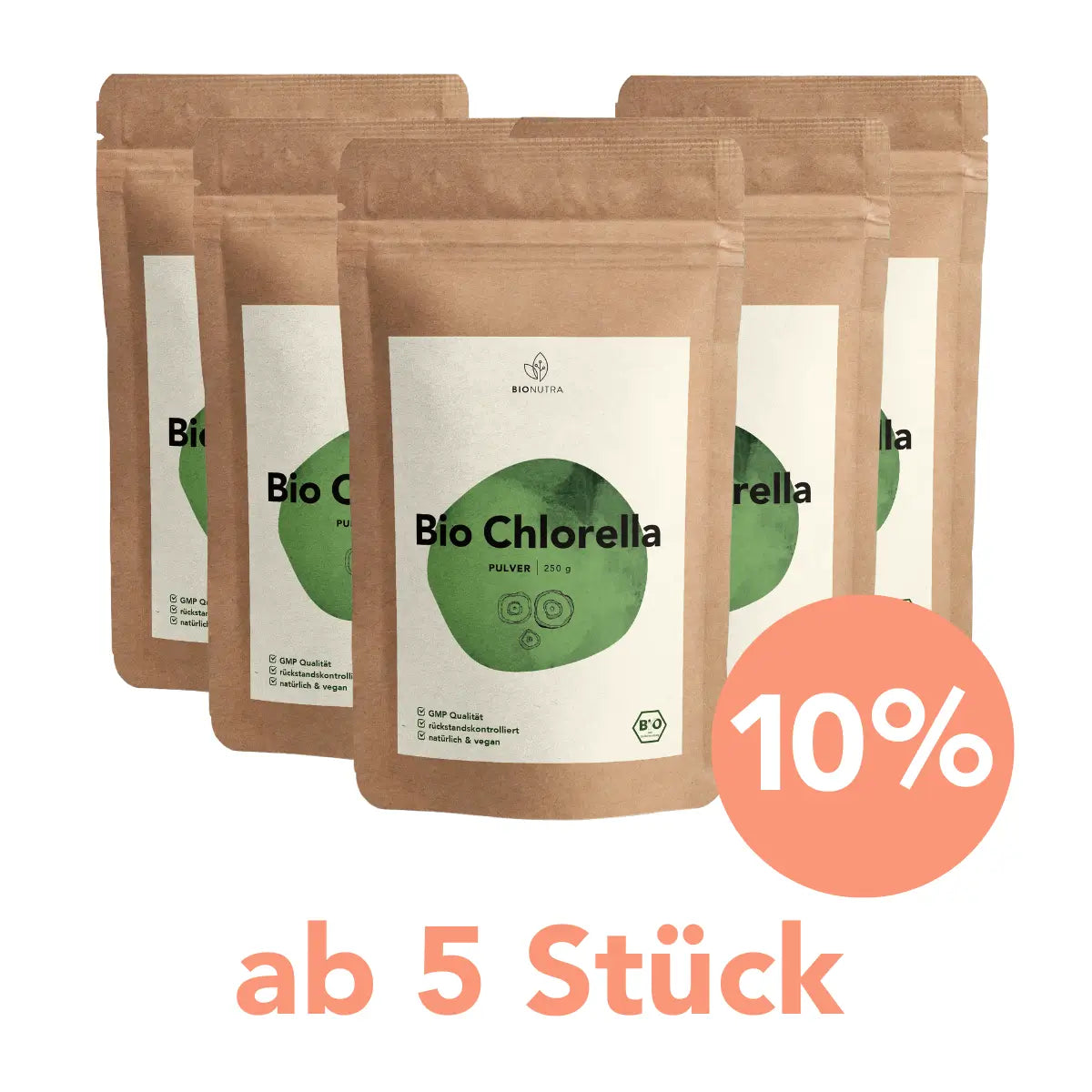 Sparangebot Chlorella Pulver – 5er-Pack mit 10 % Rabatt ab 5 Stück, je 250 g Beutel
