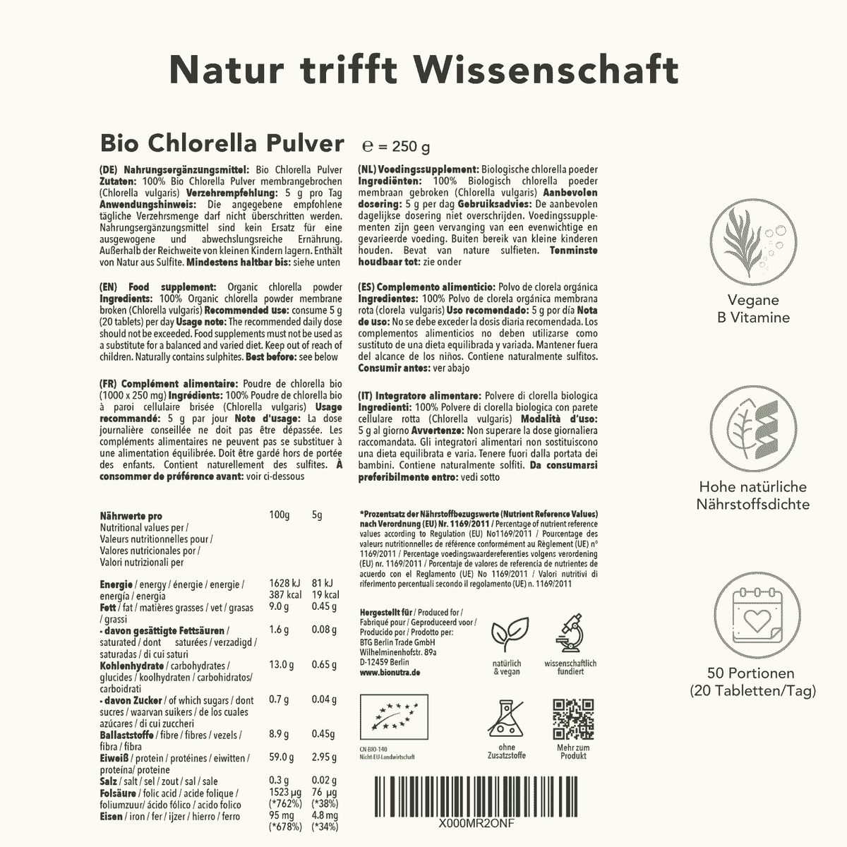 Produktinformation Chlorella Pulver – Nährwerte, Zutaten, Anwendung, 250 g, natürliche Quelle für Chlorophyll, Eisen und B-Vitamine, vegan, 50 Portionen