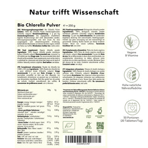 Produktinformation Chlorella Pulver – Nährwerte, Zutaten, Anwendung, 250 g, natürliche Quelle für Chlorophyll, Eisen und B-Vitamine, vegan, 50 Portionen
