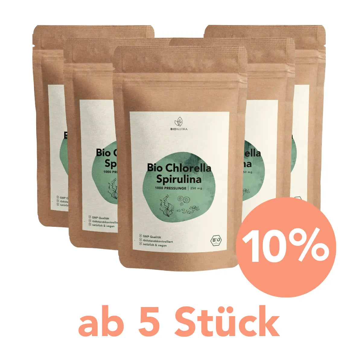 Sparpaket Bio chlorella spirulina presslinge – 5er-Set à 250 g mit 10 % Rabatt ab 5 Stück, veganes Algenpulver ohne Zusatzstoffe
