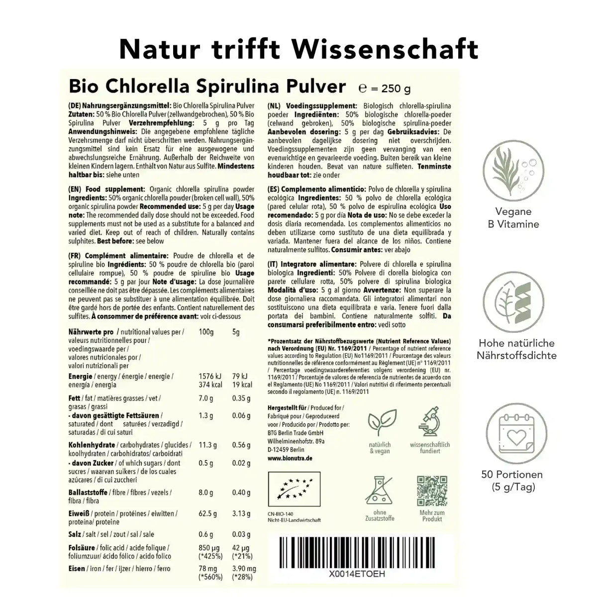 Produktinformation Chlorella Spirulina Pulver – Nährwerte, Zutaten, Anwendung, 250 g, natürliche Quelle für B-Vitamine, vegan, 50 Portionen