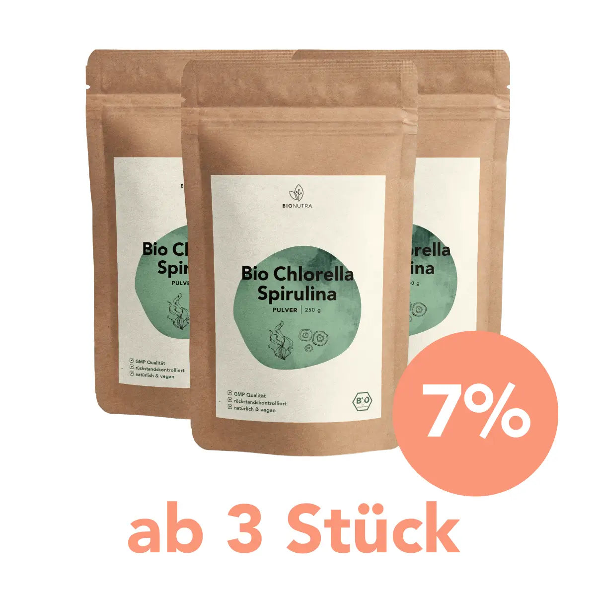 Sparangebot Chlorella Spirulina Pulver – 3er-Pack mit 7 % Rabatt ab 3 Stück, je 250 g Beutel