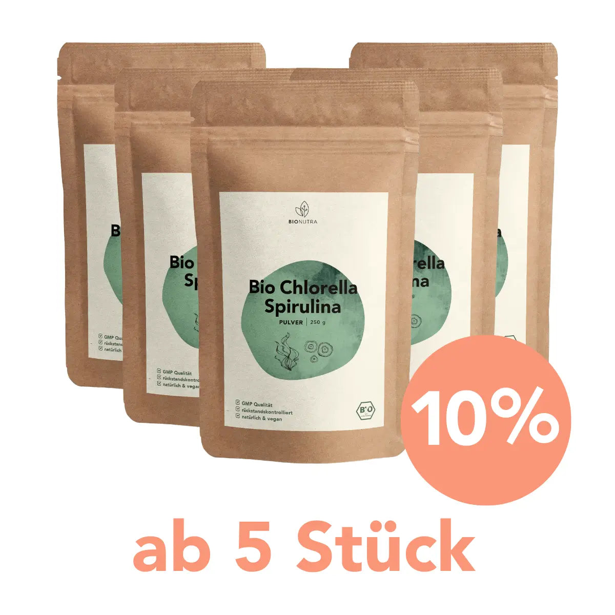 Sparpaket Bio Chlorella Spirulina Pulver – 5er-Set à 250 g mit 10 % Rabatt ab 5 Stück, veganes Algenpulver ohne Zusatzstoffe