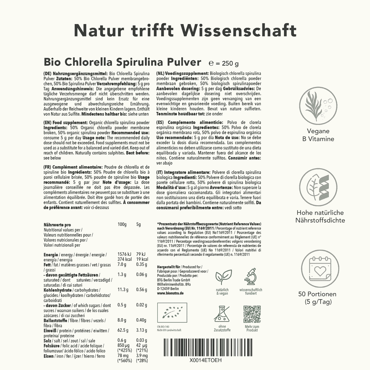 Produktinformation Chlorella Spirulina Pulver – Nährwerte, Zutaten, Anwendung, 250 g, natürliche Quelle für B-Vitamine, vegan, 50 Portionen