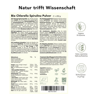 Produktinformation Chlorella Spirulina Pulver – Nährwerte, Zutaten, Anwendung, 250 g, natürliche Quelle für B-Vitamine, vegan, 50 Portionen