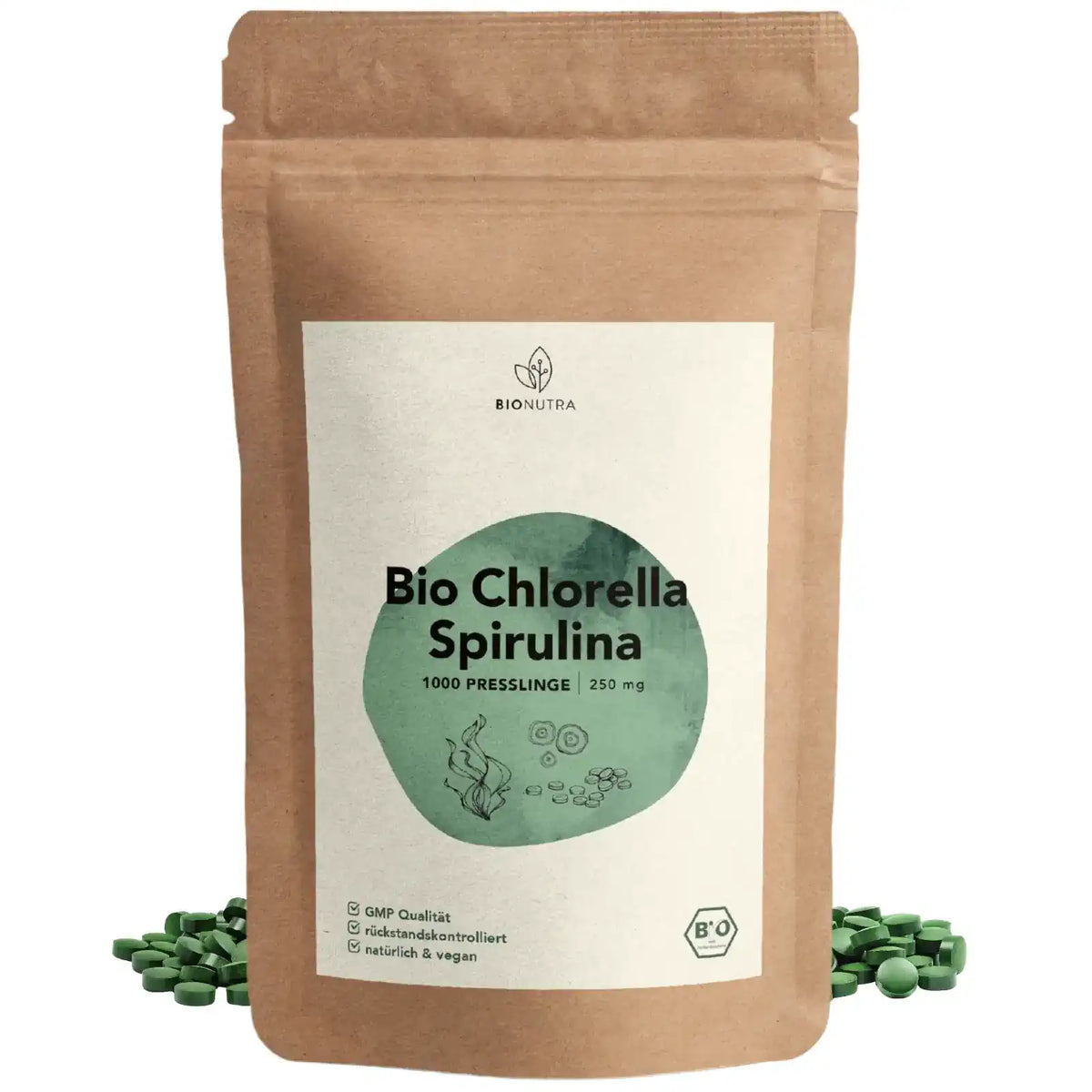 chlorella spirulina presslinge – 250 g veganes algen presslinge im umweltfreundlichen Beutel, ohne Zusatzstoffe