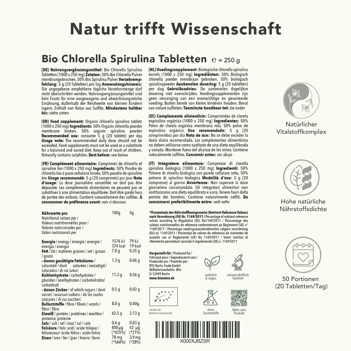 Produktinformation Chlorella Spirulina Tabletten – Nährwerte, Zutaten, Anwendung, 250 g, natürliche Quelle für B-Vitamine, vegan, 50 Portionen