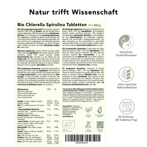 Bio Chlorella Spirulina Presslinge Etikett-Ausschnitt mit Angaben zu Inhaltsstoffen, Dosierung und Qualitätshinweisen