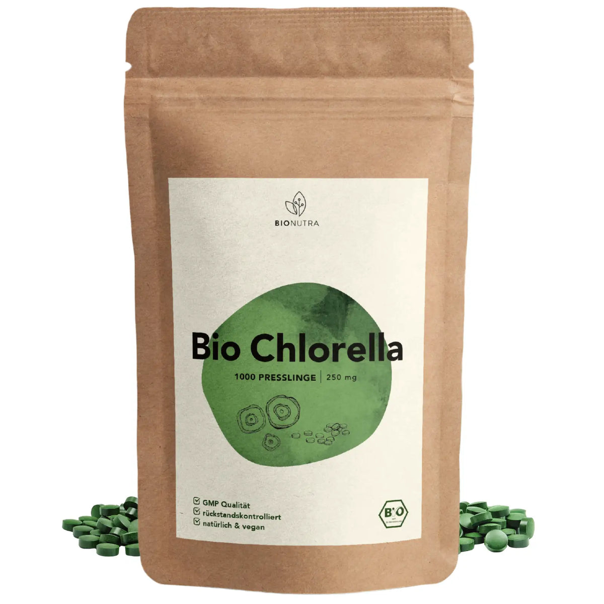 chlorella presslinge– membrangebrochen, 250 g veganes Algenpulver im umweltfreundlichen Beutel, ohne Zusatzstoffe