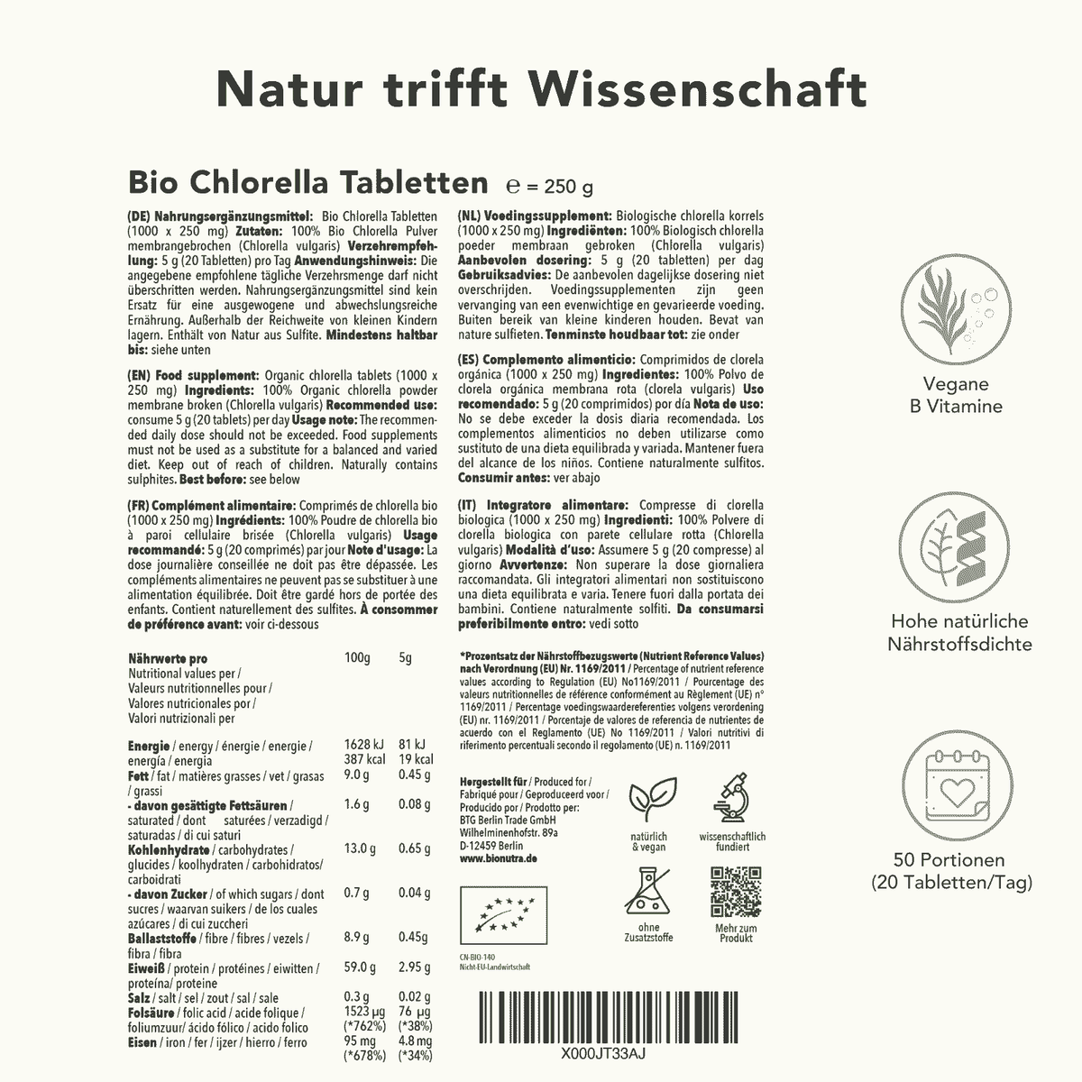Produktinformation Chlorella Presslinge – Nährwerte, Zutaten, Anwendung, 250 g, natürliche Quelle für Chlorophyll, Eisen und B-Vitamine, vegan, 50 Portionen