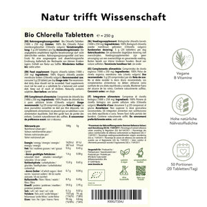 Produktinformation Chlorella Presslinge – Nährwerte, Zutaten, Anwendung, 250 g, natürliche Quelle für Chlorophyll, Eisen und B-Vitamine, vegan, 50 Portionen