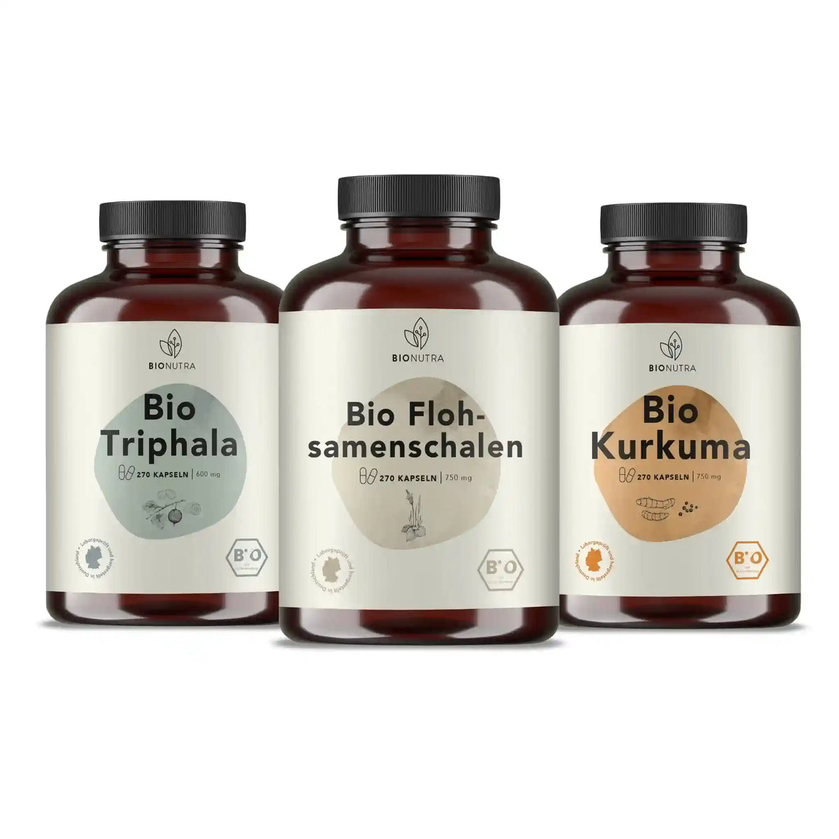 Darmflora Kur enhält Bio Triphala Kapseln, Bio Flohsamenschalen Kapseln, Bio Kurkuma Pfeffer Kapseln