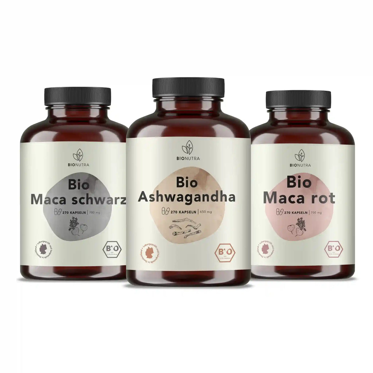 Die Kraft der Wurzeln enhält Bio Maca schwarz Kapseln, Bio Ashwagndha Kapseln, Bio Maca rot Kapseln