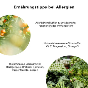 Tipps zur Allergie-Ernaehrung mit histaminarmen Lebensmitteln, Vitalstoffen wie Vitamin C und Omega-3 sowie Schlaf – kombiniert mit Schwarzkümmeloel-Kapseln als natuerliche Begleitung
