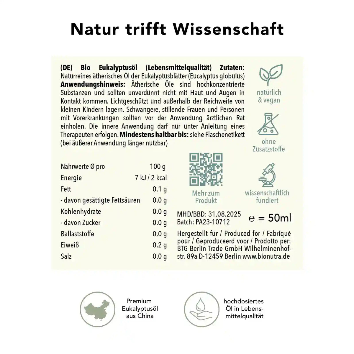 Bio Eukalyptusöl – Produktinfo mit Anwendungshinweis, Nährwerten und Inhaltsstoffen, 50 ml hochdosiertes ätherisches Öl in Lebensmittelqualität, vegan und ohne Zusatzstoffe