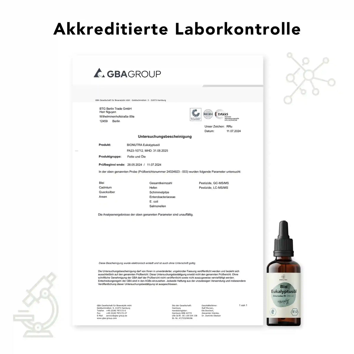 Untersuchungsbescheinigung für Bio Eukalyptusöl – akkreditierte Laboranalyse durch GBA Group zu Schwermetallen, Mikrobiologie und Rückständen, geprüft nach Lebensmittelstandard