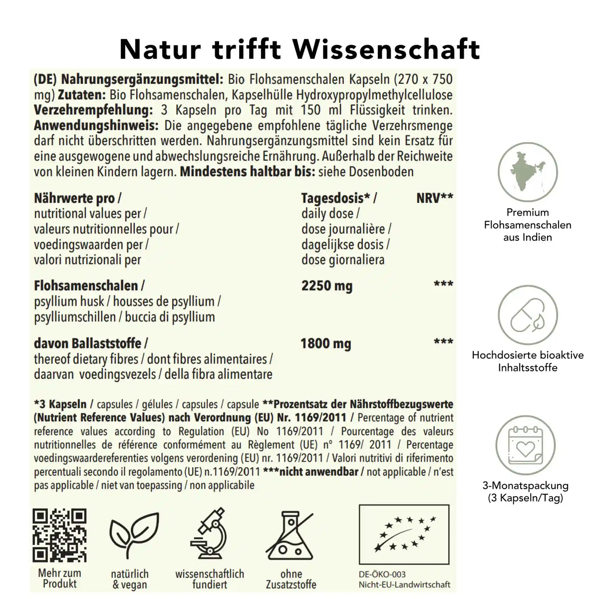 Produktinformation Bio Flohsamenschalen Kapseln: Zutaten, Tagesdosis 2250 mg, Anwendungshinweise, Herkunft Indien, ohne Zusatzstoffe, wissenschaftlich fundiert, vegan, 3-Monatspackung