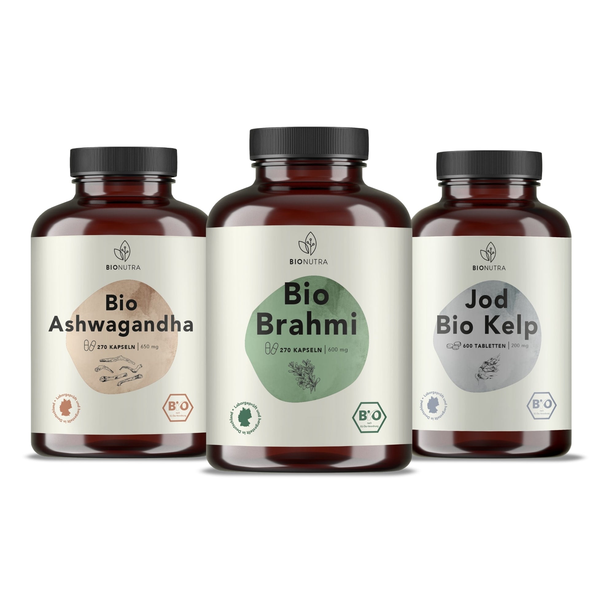 Bio Geisteskraft Set enthält Bio Brahmi Kapseln, Bio Ashwagndha Kapseln, Bio Kelp Jod Tabletten