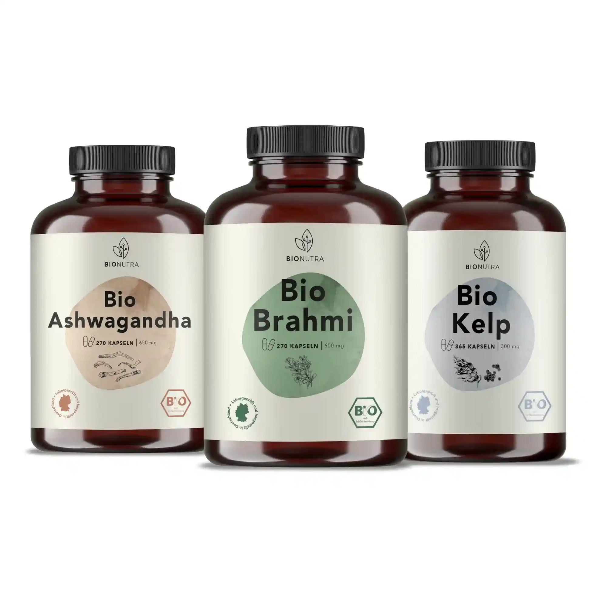 Bio Geisteskraft Set enthält Bio Brahmi Kapseln, Bio Ashwagndha Kapseln, Bio Kelp Kapseln