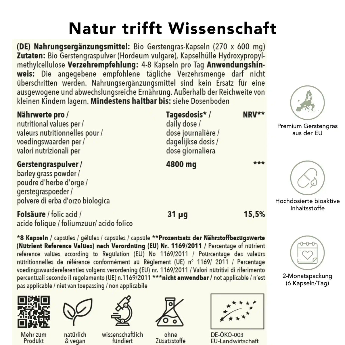 Produktinformation Bio Gerstengras Kapseln: Zutaten, Tagesdosis 4800 mg, Anwendungshinweise, Herkunft EU, ohne Zusatzstoffe, wissenschaftlich fundiert, vegan, 2-Monatspackung