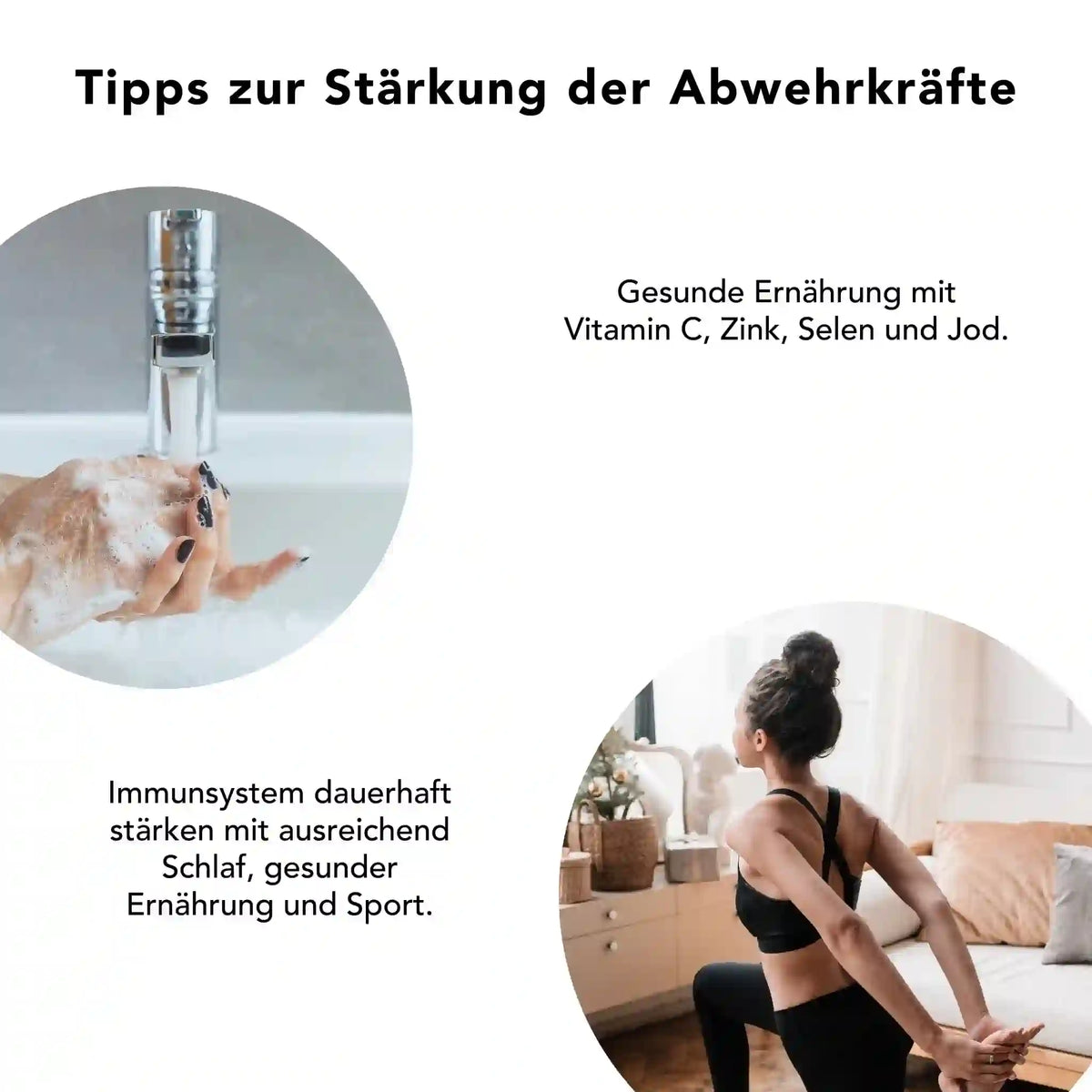 Frau beim Sport und Händewaschen – Tipps zur Stärkung der Abwehrkräfte mit Vitamin C, Zink, Selen, Jod und natürlichen Pflanzenstoffen wie Chaga-Pilz