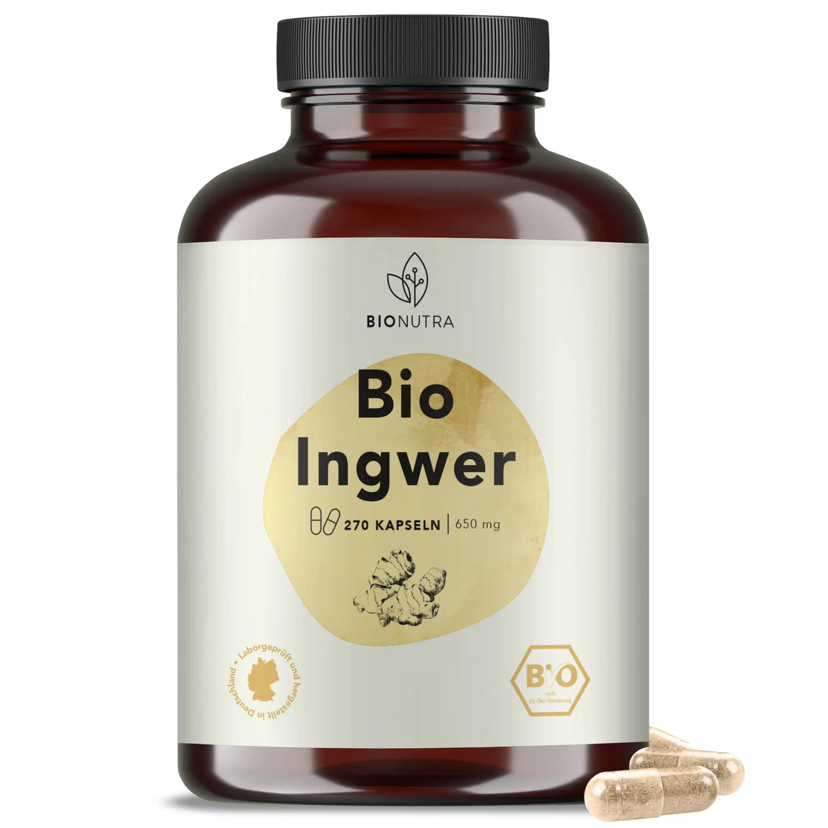 Bio Ingwer Kapseln – 270 Stück in brauner PET-Dose, 650 mg pro Kapsel