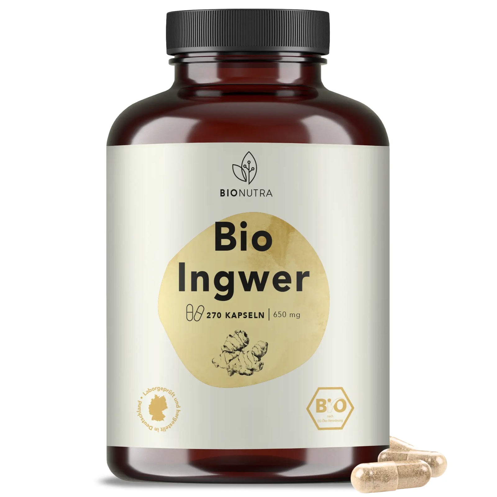 Bio Ingwer Kapseln – 270 Stück in brauner PET-Dose, 650 mg pro Kapsel