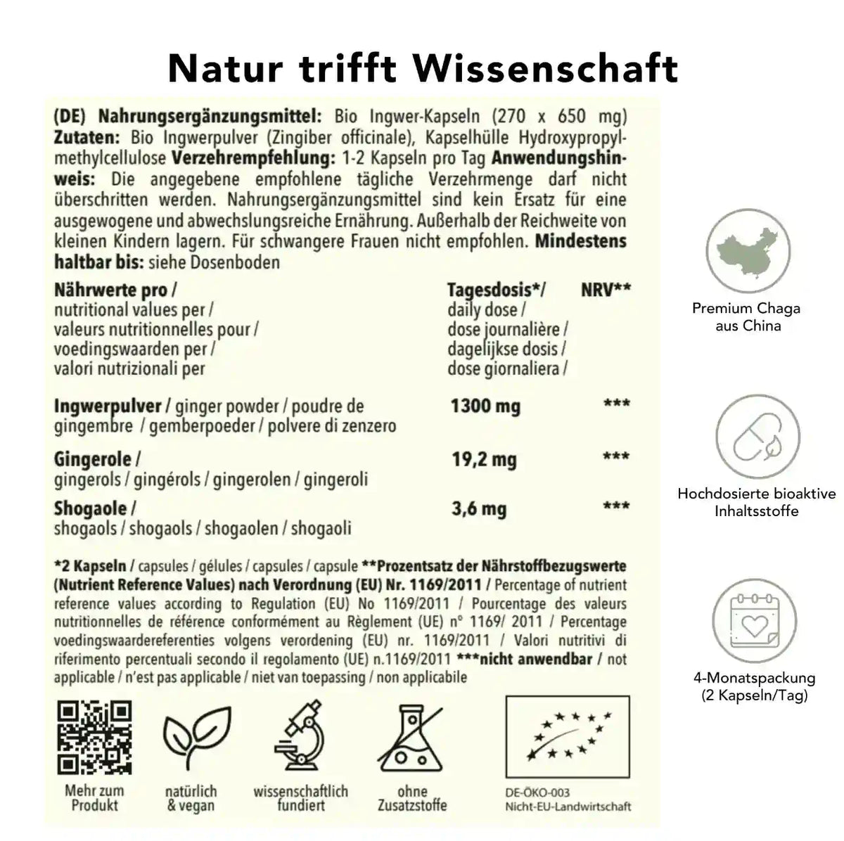 Produktinformation Bio Ingwer Kapseln: Zutaten, Tagesdosis, Anwendungshinweise, Herkunft, ohne Zusatzstoffe, wissenschaftlich fundiert, vegan, 4-Monatspackung