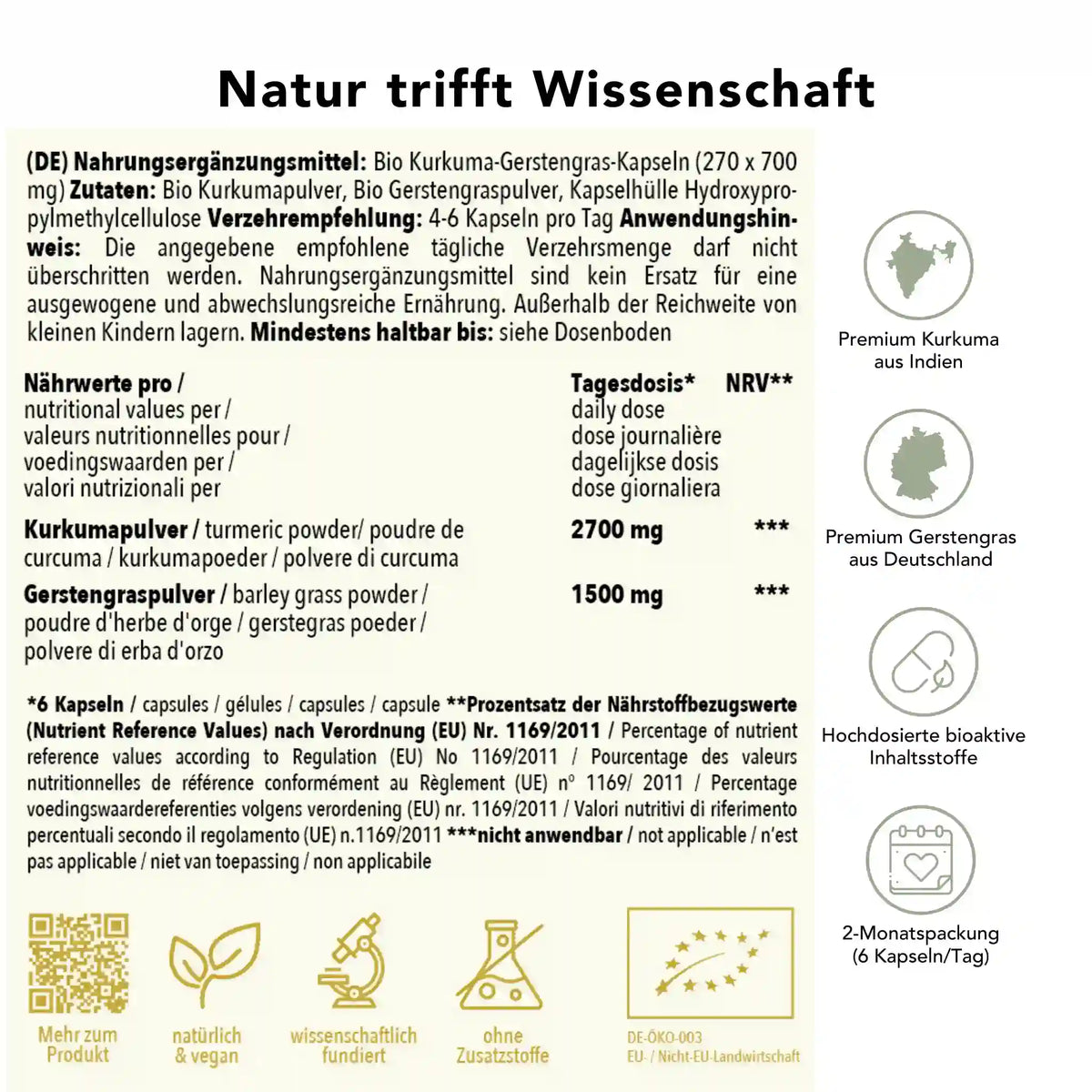 Produktinformation Bio Kurkuma Gerstengra Kapseln: Zutaten, Tagesdosis 4200 mg, Anwendungshinweise, Herkunft Indien, ohne Zusatzstoffe, wissenschaftlich fundiert, vegan, 2-Monatspackung
