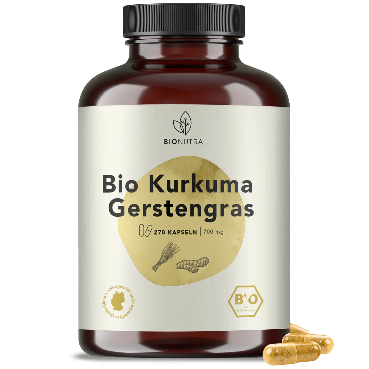 Bio Kurkuma Gerstengras Kapseln –hochdosiert, 270 Stück in brauner PET-Dose, 700 mg pro Kapsel