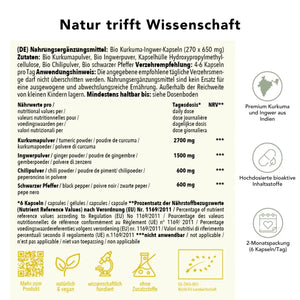 Produktinformation Bio Kurkma Ingwer Kapseln: Zutaten, Tagesdosis, Anwendungshinweise, Herkunft Indien &  China, ohne Zusatzstoffe, wissenschaftlich fundiert, vegan, 2-Monatspackung