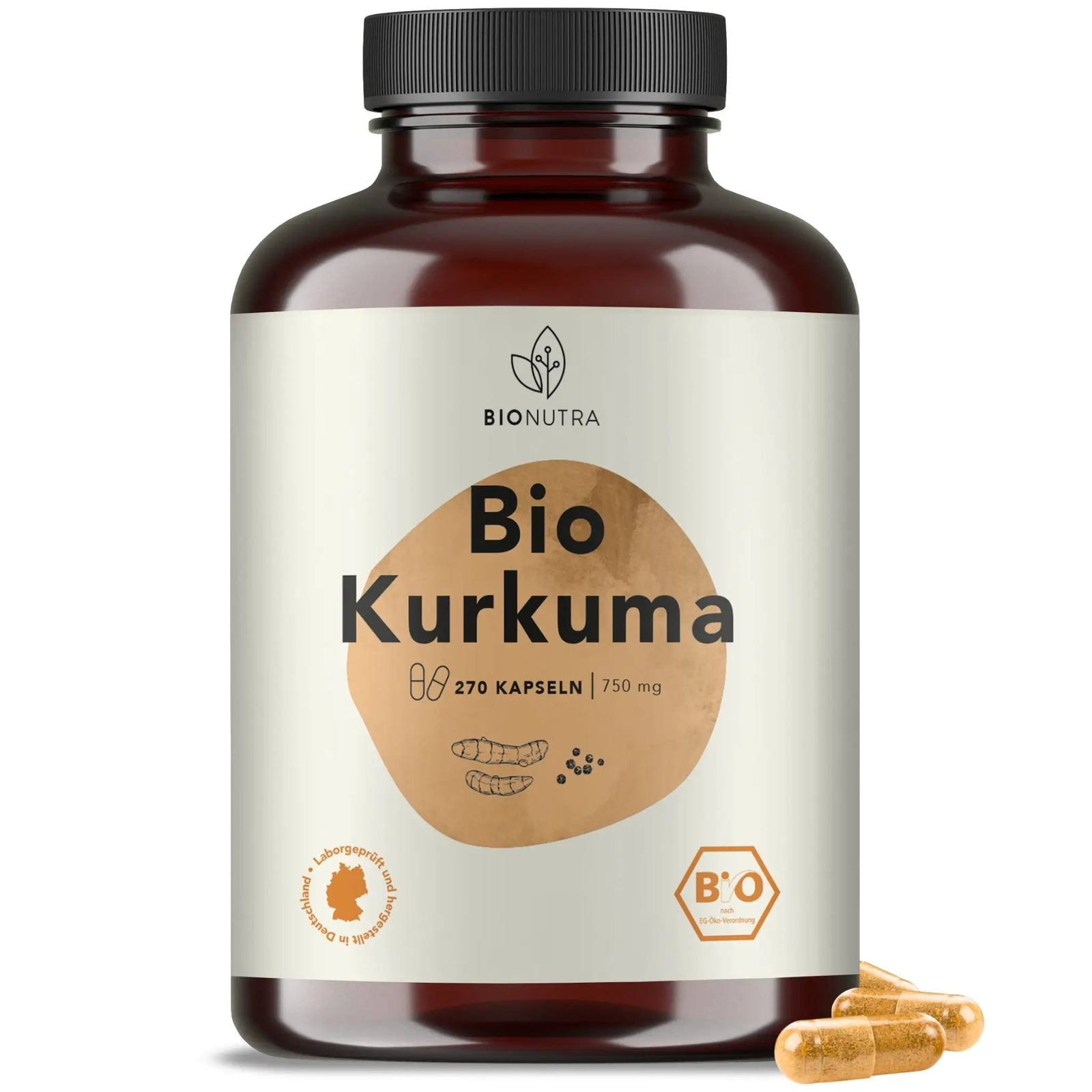 Bio Kurkuma_Pfeffer_Kapseln–hochdosiert, 270 Stück in brauner PET-Dose, 750 mg pro Kapsel
