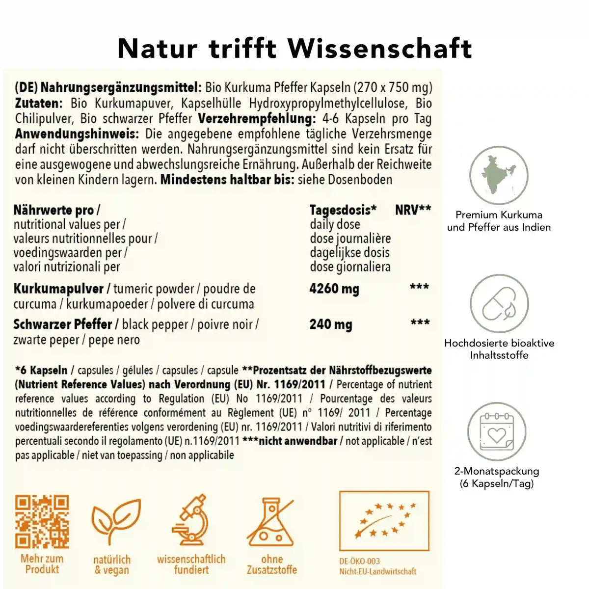 Produktinformation Bio Kurkuma Pfeffer Kapseln: Zutaten, Tagesdosis 4500 mg, Anwendungshinweise, Herkunft Indien, ohne Zusatzstoffe, wissenschaftlich fundiert, vegan, 2-Monatspackung

