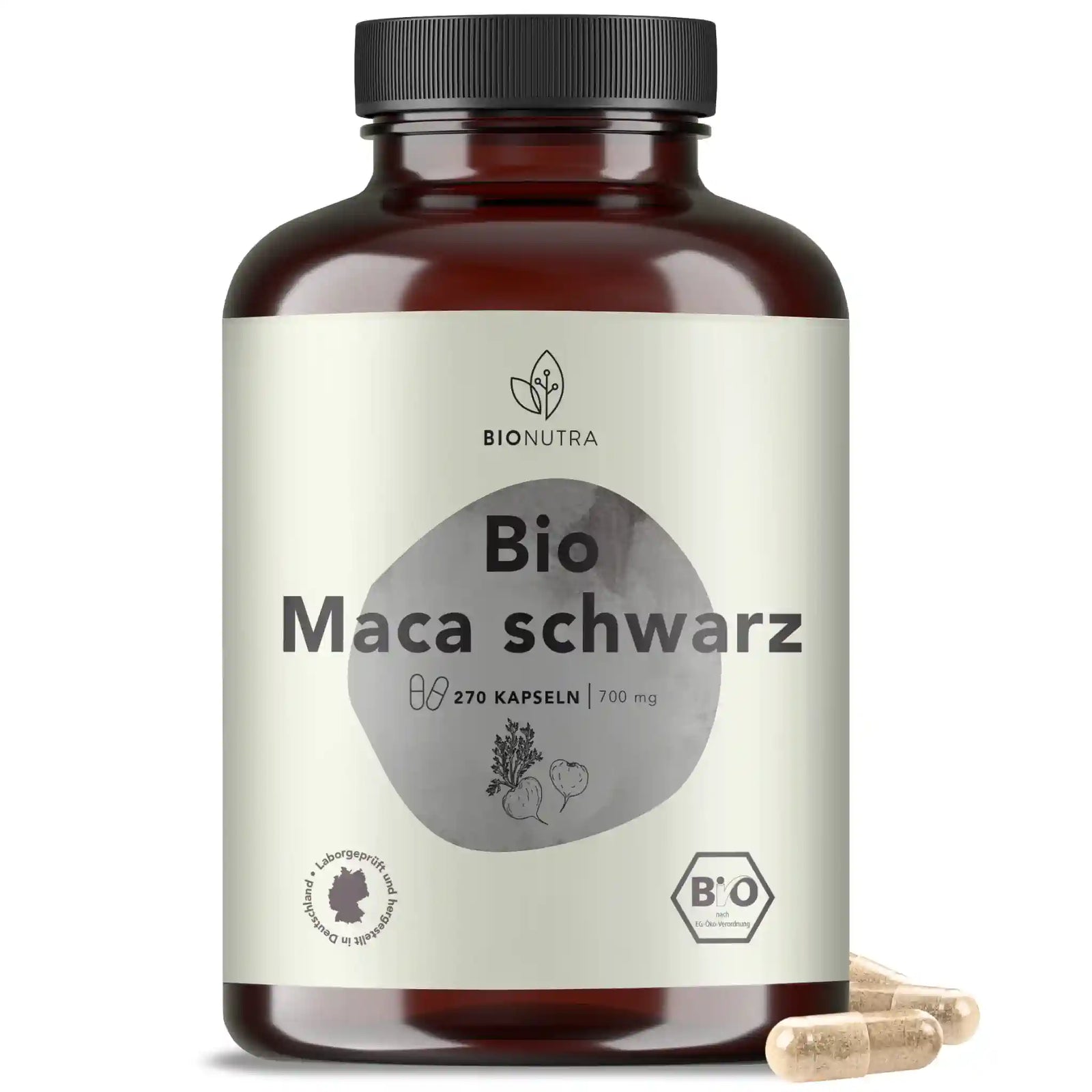 Bio schwarze Maca Kapseln – hochdosiert, 270 Stück in PET-Dose, vegane HPMC-Kapseln