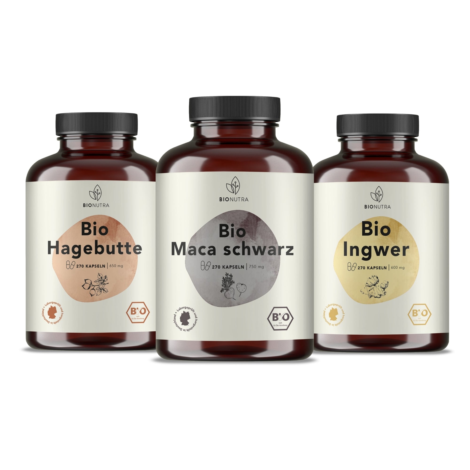 Bionutra Manneskraft Paket enthält Bio Maca schwarz Kapseln, Bio Ingwer Kapseln, Bio Hagebutte Kapseln