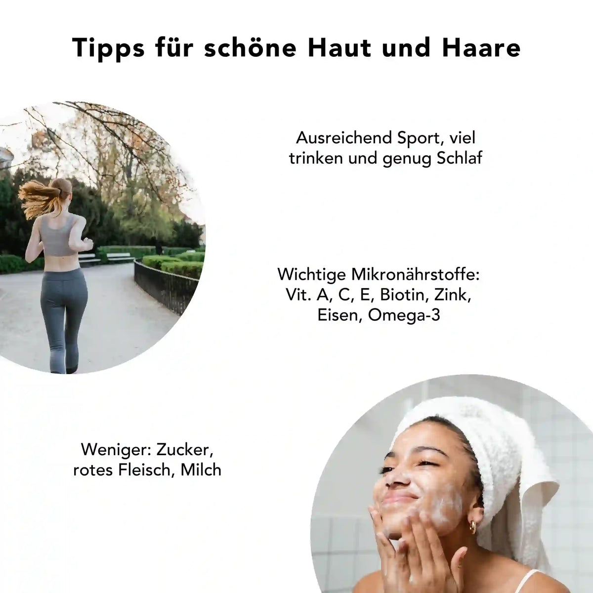 Frau beim Sport und Gesichtspflege – Tipps für gesunde Haut & Haare durch Mikronährstoffe wie Vitamin A, C, E, Zink, Biotin und Omega-3; unterstützt durch Kurkuma und Gerstengras