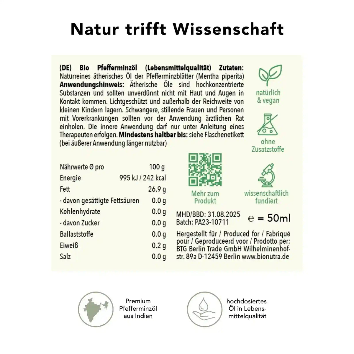 Bio Pfefferminzoel – Produktinfo mit Anwendungshinweis, Nährwerten und Inhaltsstoffen, 50 ml hochdosiertes ätherisches Öl in Lebensmittelqualität, vegan und ohne Zusatzstoffe