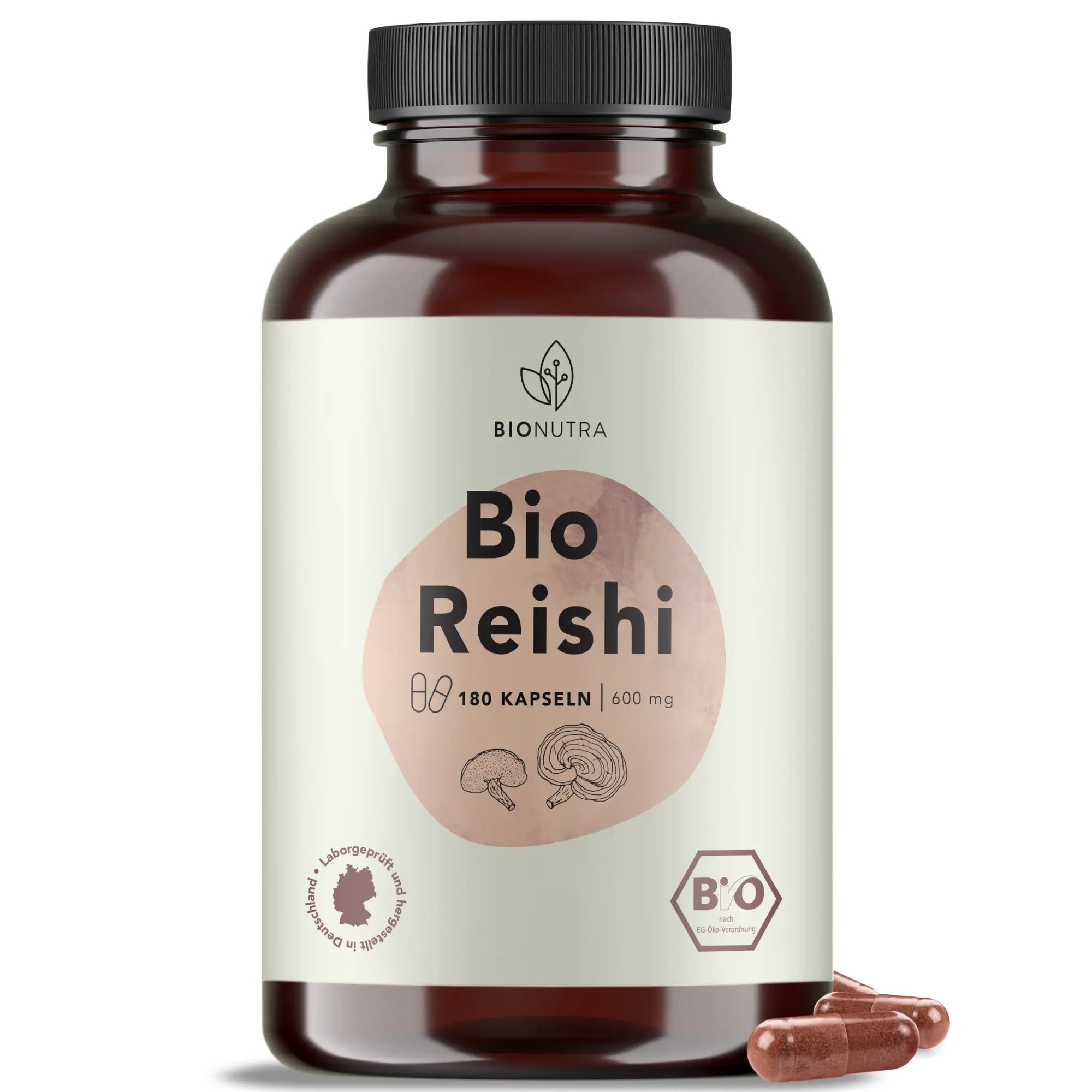 bio reishi kapseln– 180 Stück in brauner PET-Dose, 600 mg pro Kapsel