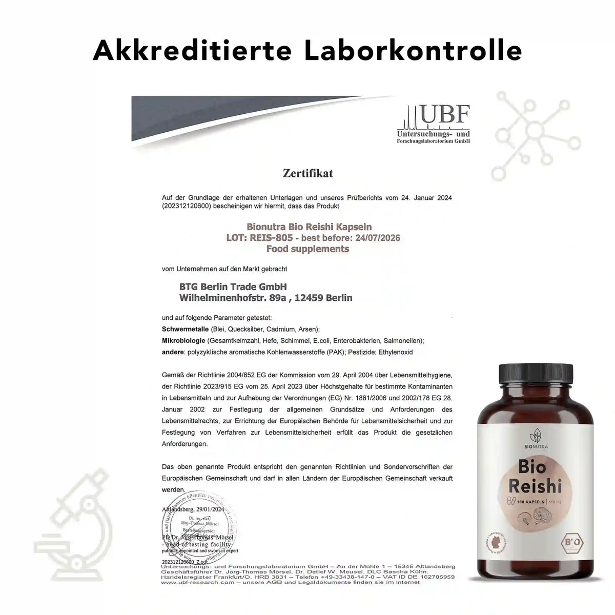 Zertifikat zur akkreditierten Laborkontrolle für Bio Reishi Pilz Kapseln– geprüft auf Schwermetalle, Mikrobiologie und Rückstände laut EU-Richtlinien
